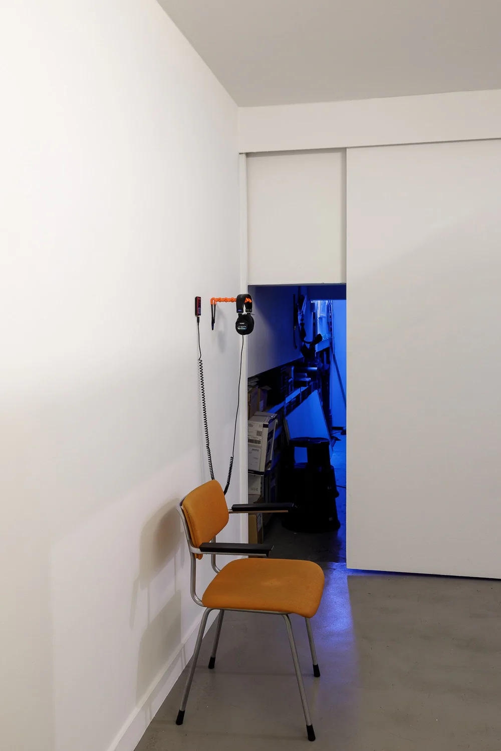 Downstairs FM radio receiver, headphones and chair installed for Transcript 2016