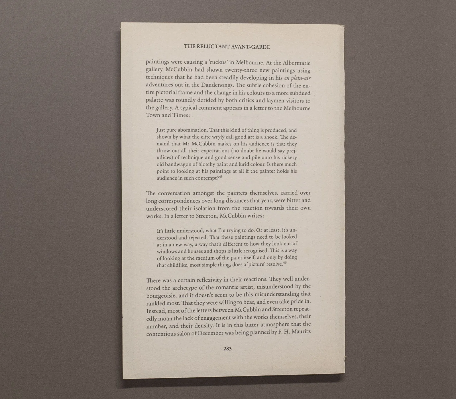 Detail of a fictional art-historical criticism printed on a reclaimed book page