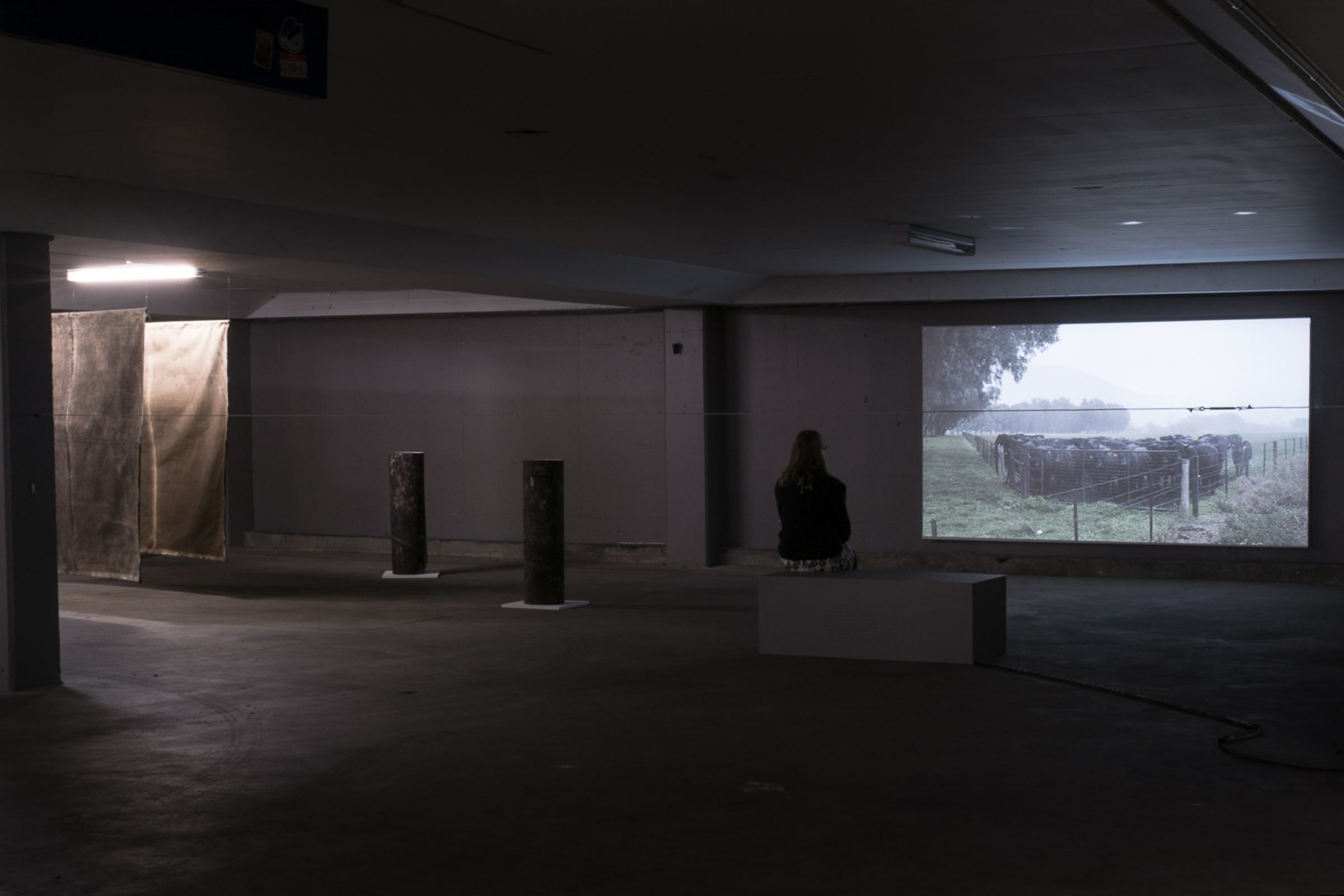 Installation view of Means across another level of the car park