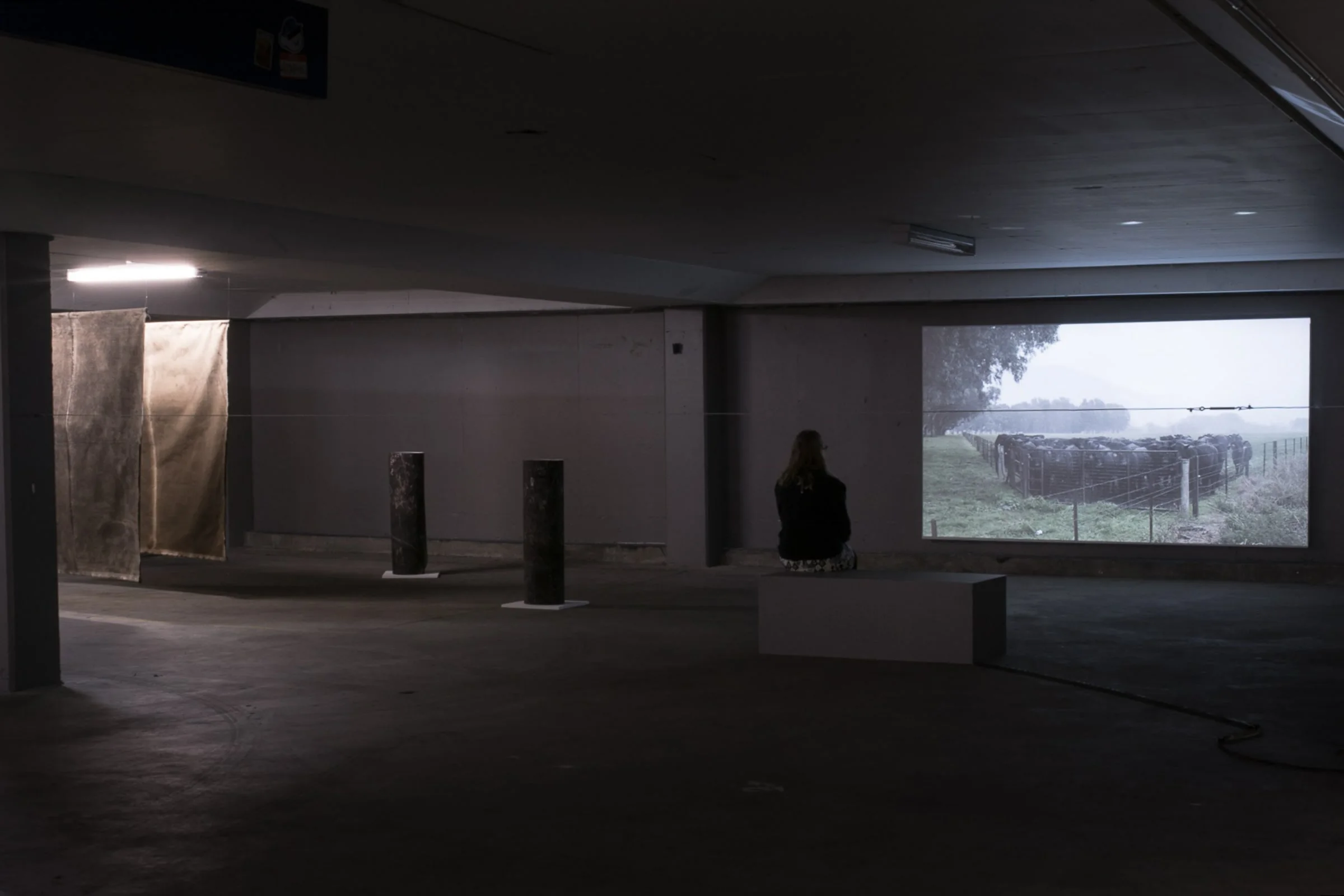 Installation view of Means across another level of the car park
