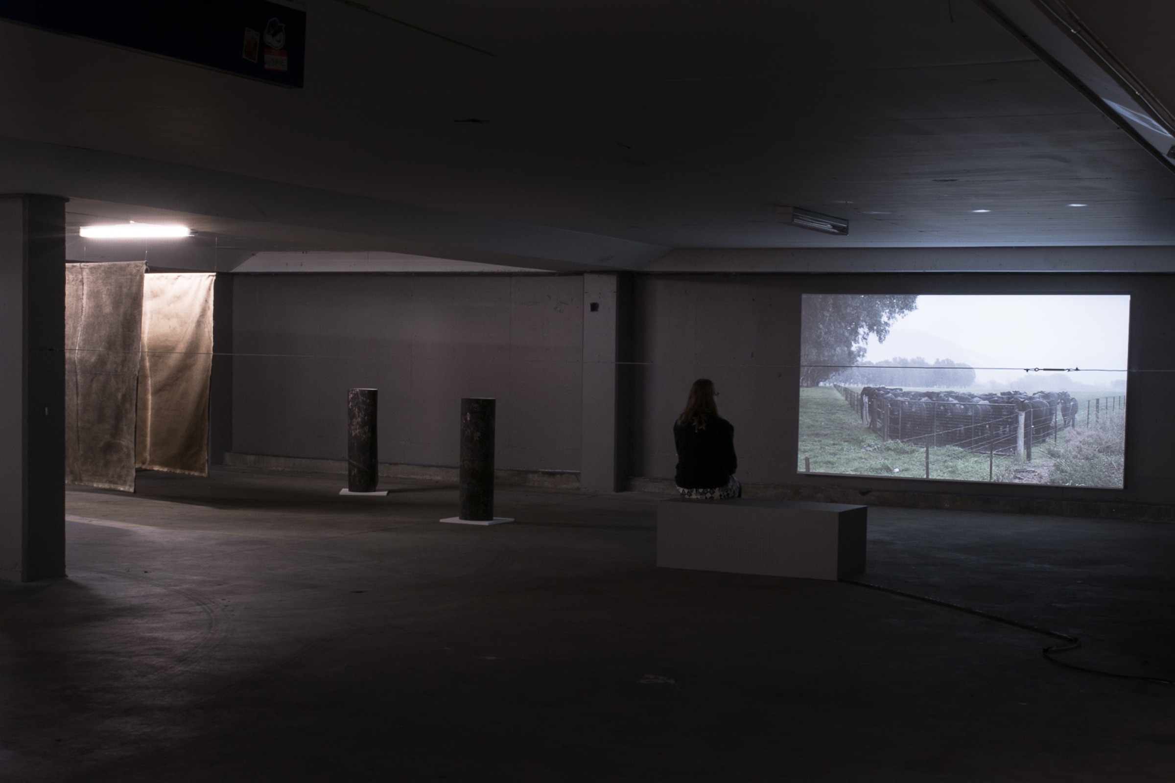 Installation view of Means across another level of the car park