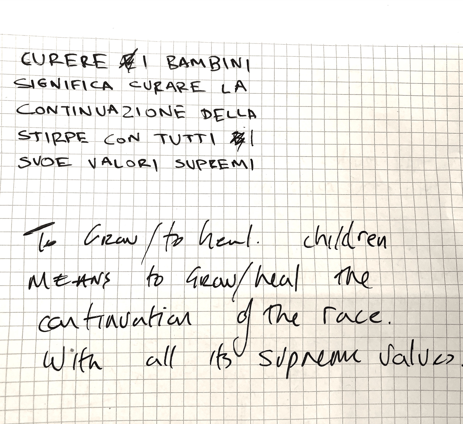 Handwritten Italian transcription and English translation of the Fascist inscription