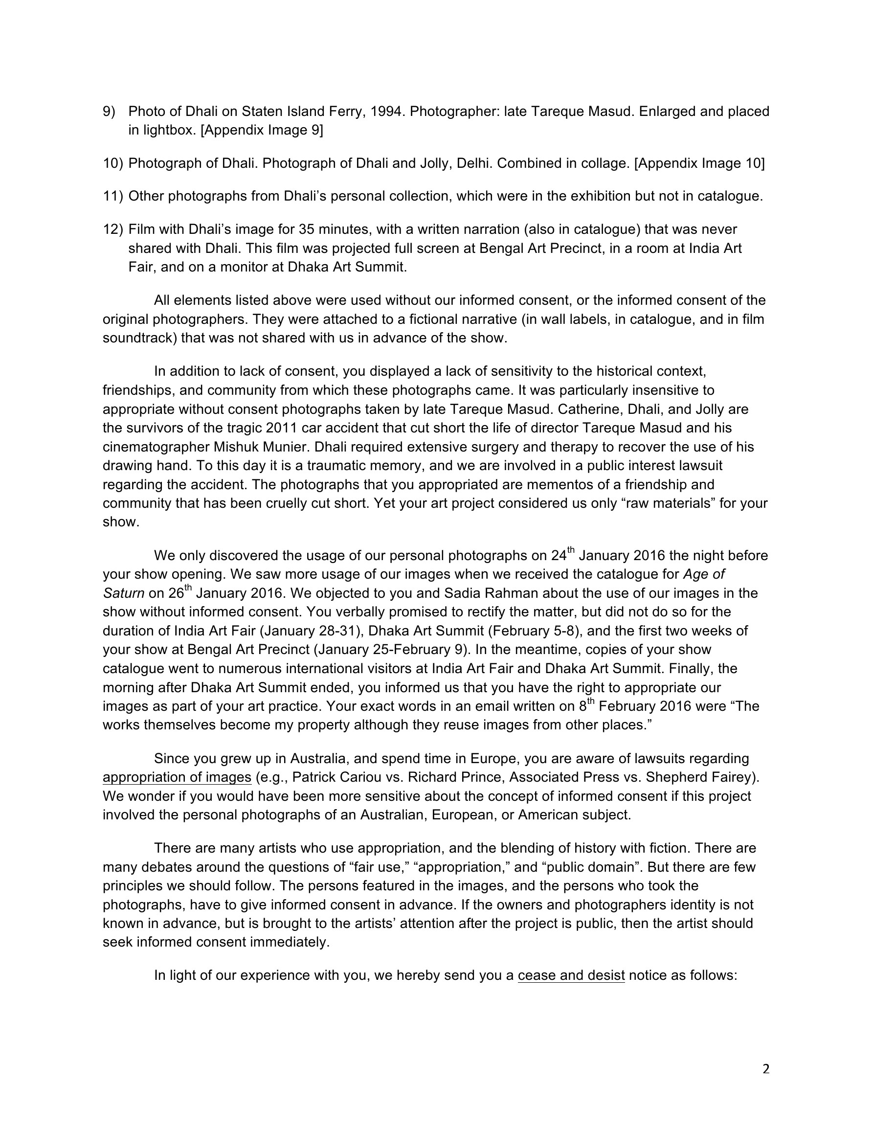 Second page of the cease-and-desist letter sent to Omar Chowdhury after Age of Saturn