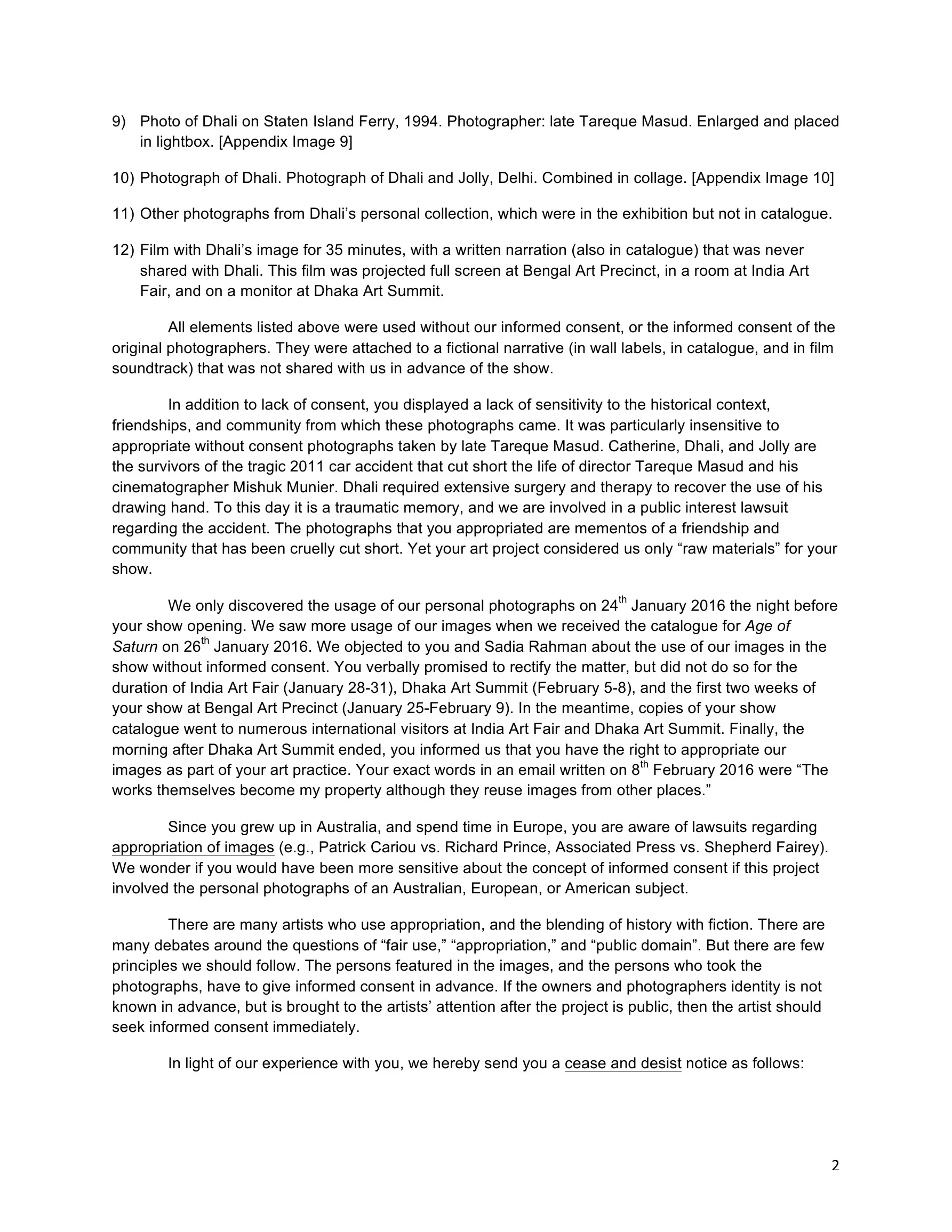 Second page of the cease-and-desist letter sent to Omar Chowdhury after Age of Saturn