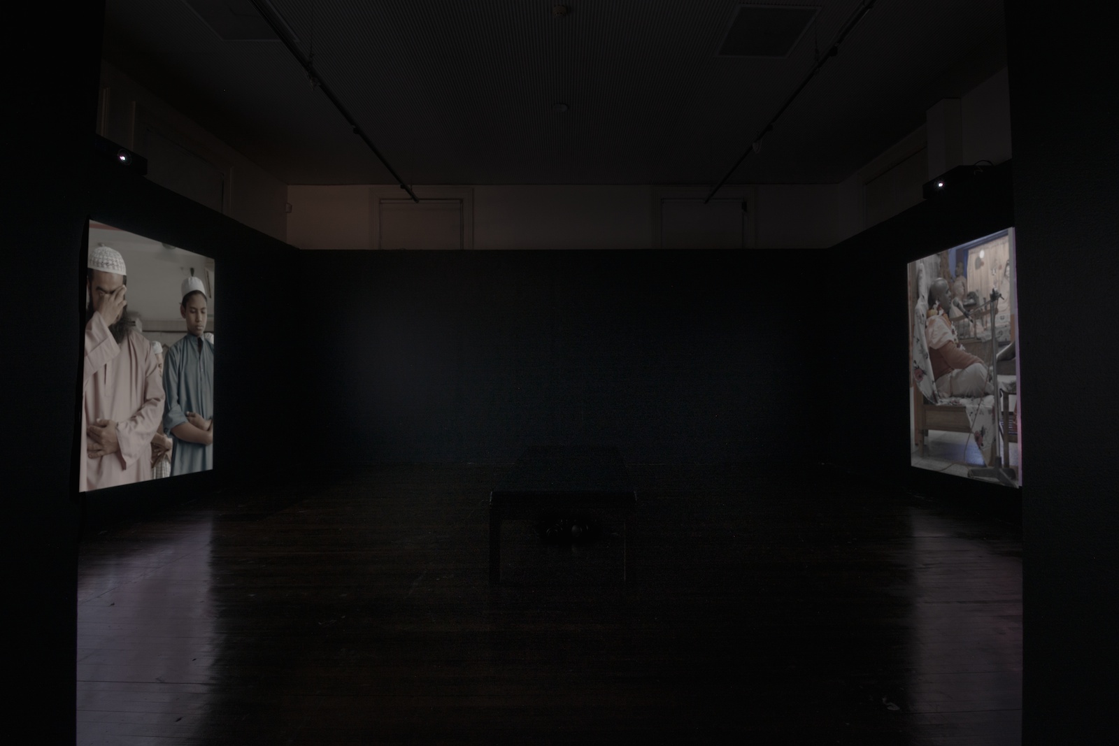Facing-screen installation view of Locus I and II at 4A